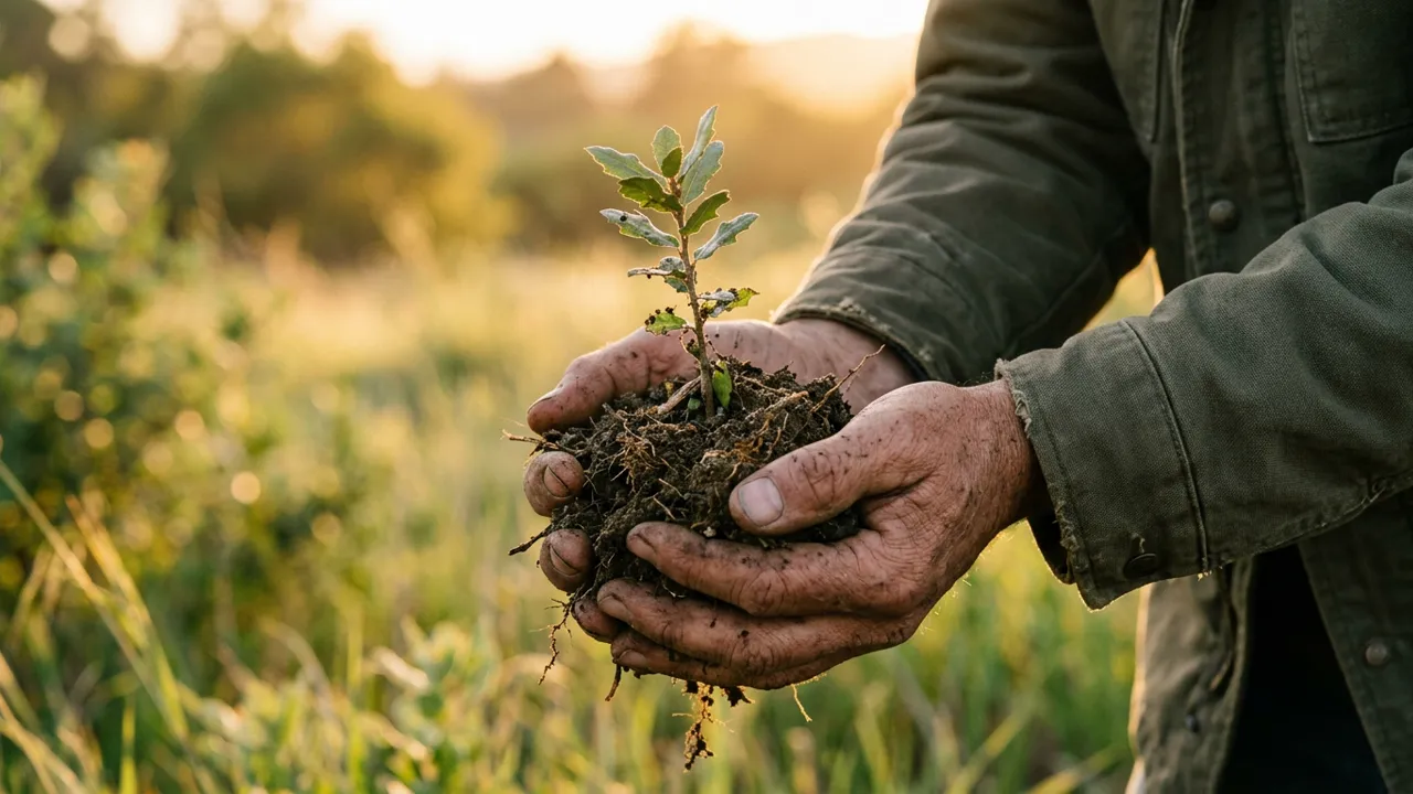 Mains d'un bénévole tenant une jeune pousse d'arbre lors d'un chantier de restauration écologique