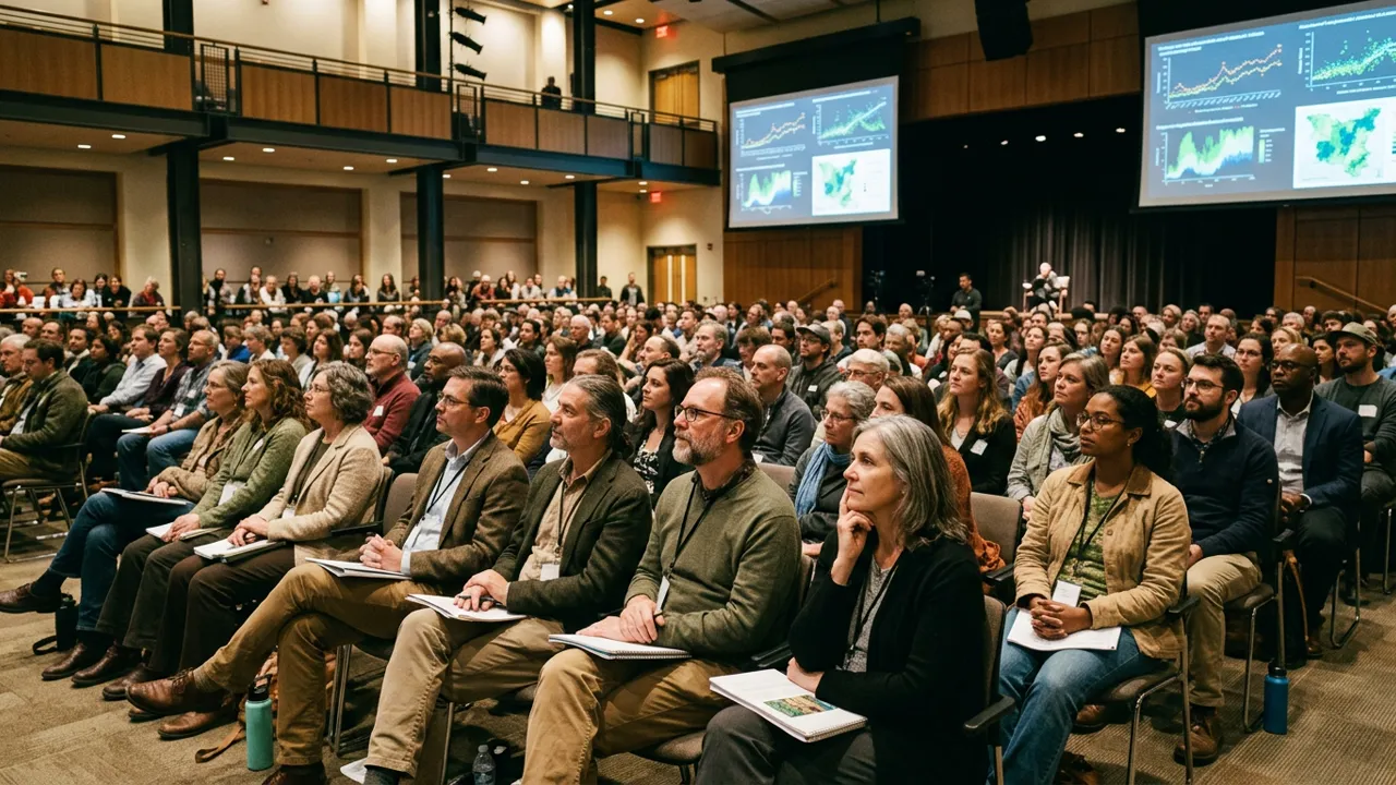Projection publique et assemblée de citoyens réunis pour une séance de cinéma documentaire écologique